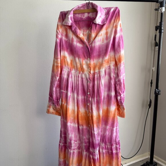 Raquel Allegra Fuchsia & Orange Tie Dye Long Sleeve Maxi Dress with Button Front - Picture 1 of 4